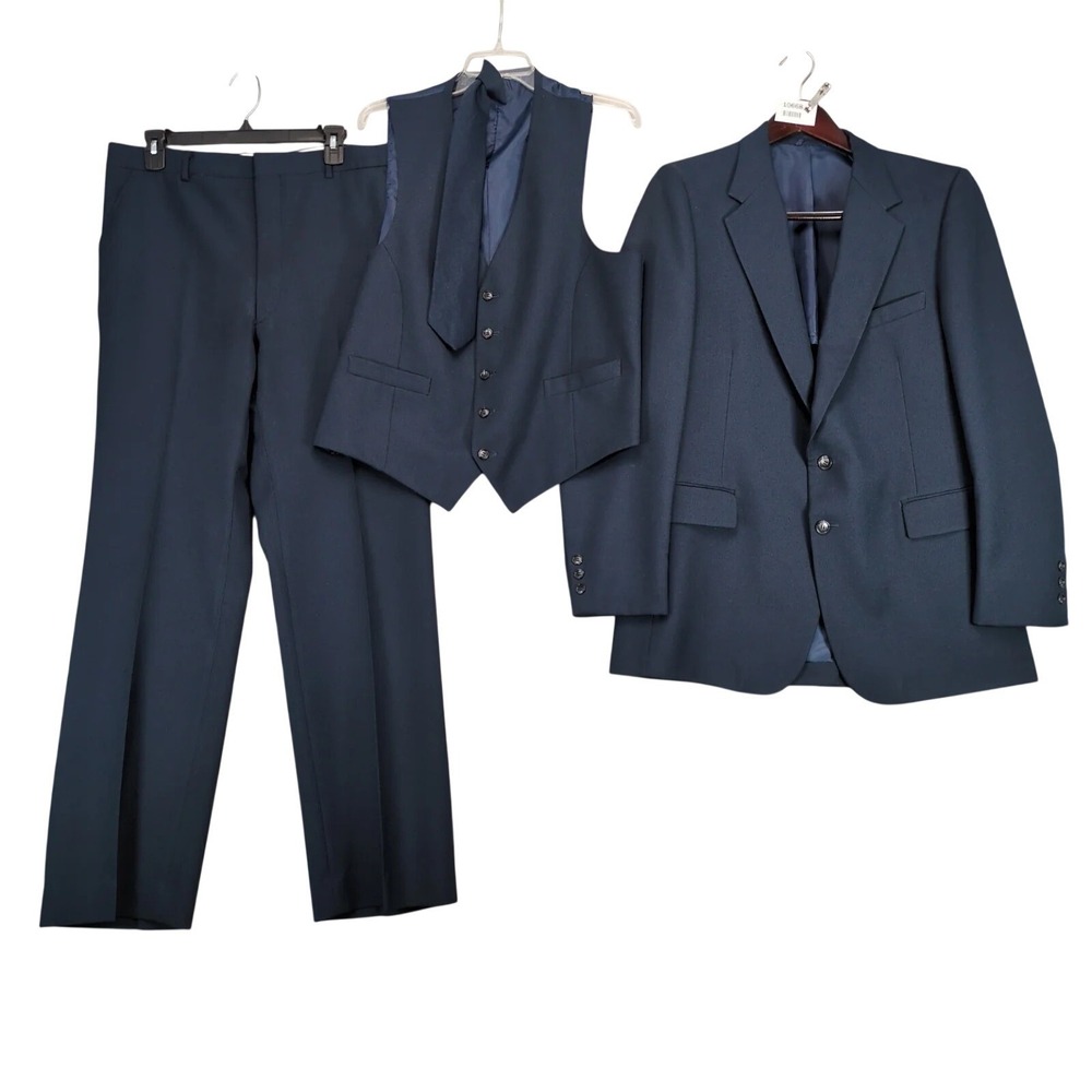 Vtg 1970s Browning Kingelo Navy Blue 3pc Suit Mens 44L Jacket, 36x32" Pants Vest